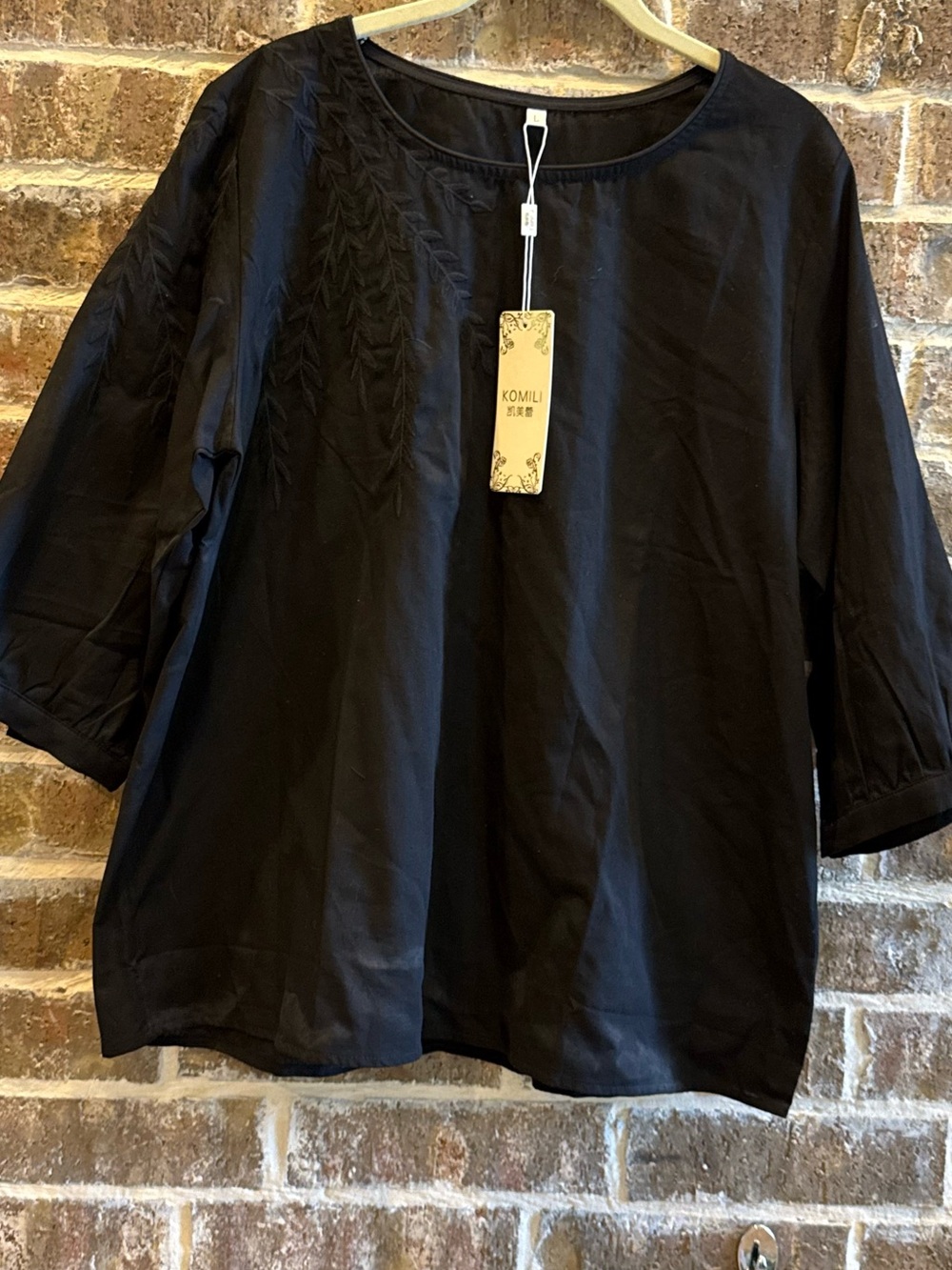 NWT Komili Black Embroidered Tunic Blouse | Boho Cotton Top 3/4 Sleeve Size L